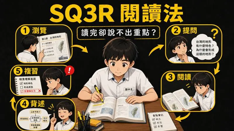 SQ3R 閱讀法五步驟:瀏覽、提問、閱讀、背述與複習