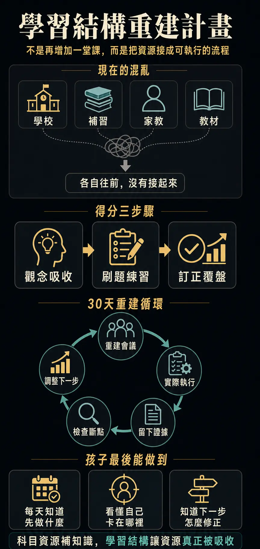 學習結構重建計畫流程圖：整合學校、補習、家教與教材，建立得分三步驟——觀念吸收、刷題練習、訂正覆盤，以及30天重建循環