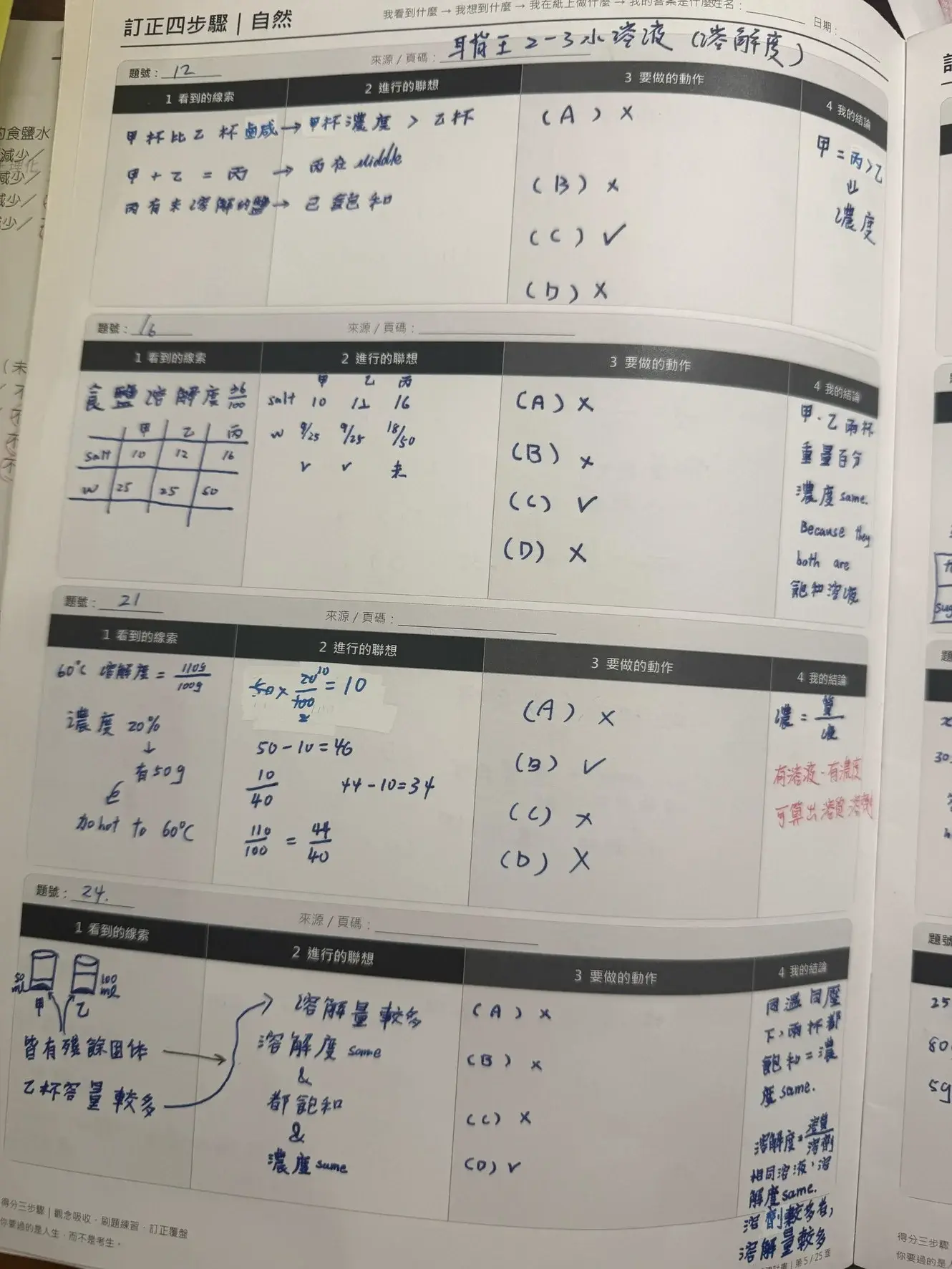 溶解度題目的訂正與選項判斷紀錄