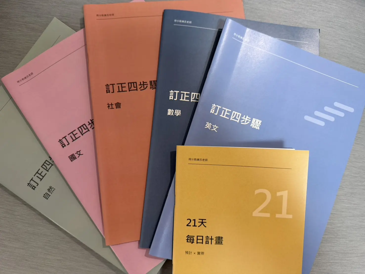 學習工具實拍|各科訂正四步驟與每日計畫依任務選用;「21 天」為計畫冊記錄天數,服務期間另見合作說明。